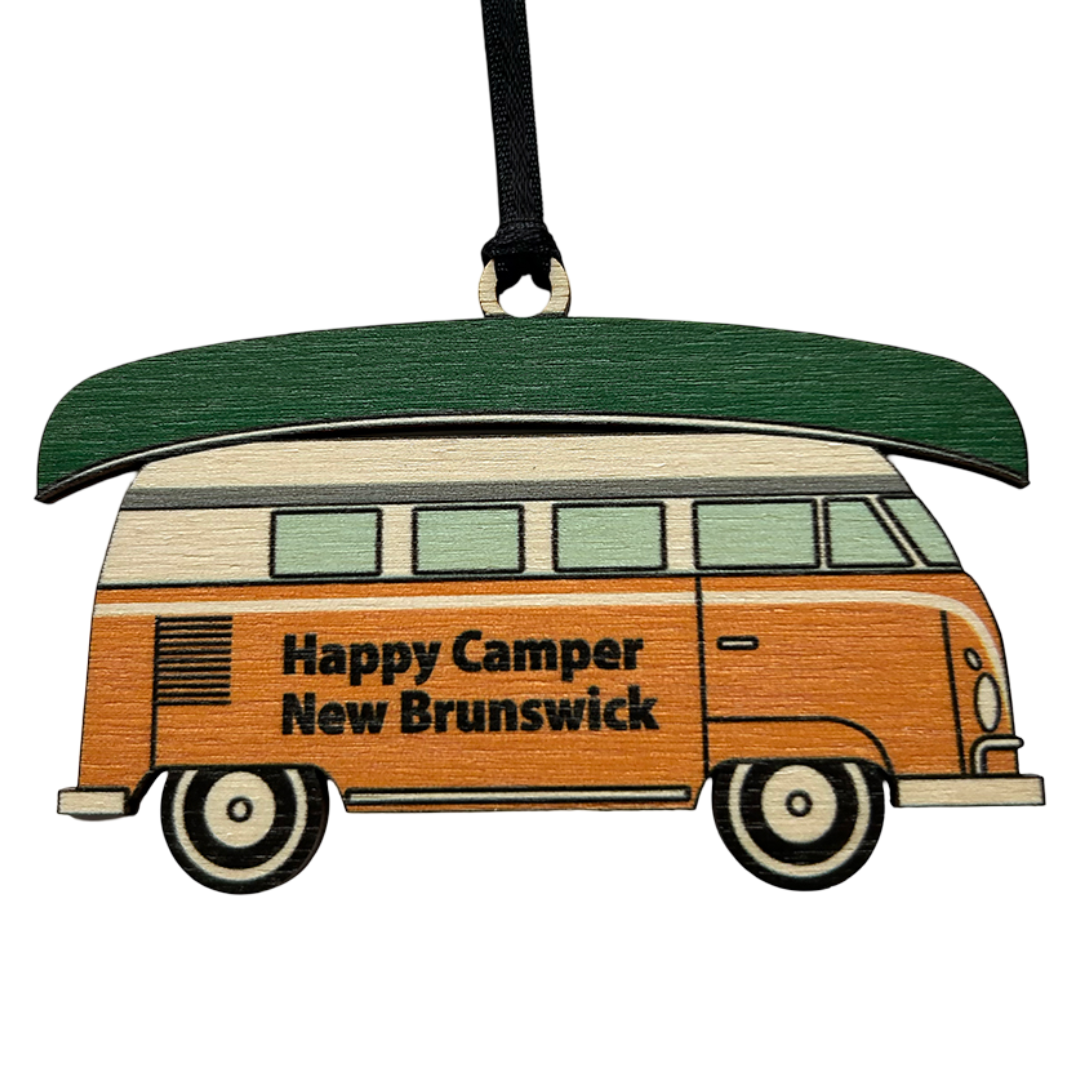 Orange Happy Camper with Canoe New Brunswick Ornament